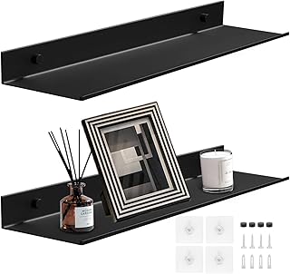 Lot de 2 Etagere Murale sans Percage, Étagères Murales en Aluminium, Etagere sans Percer Etagere Douche pour Salon, Chambre, Salle de Bain, Cuisine (Noir, 40CM