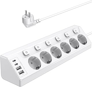 Prise Plan de Travail Cuisine, Multiprises avec 2 Ports USB A et 2 Ports USB C, Multiprise 6 Prises avec Interrupteur, Rallonge Électrique 2m pour Meuble, Canapé, Bureau, Table