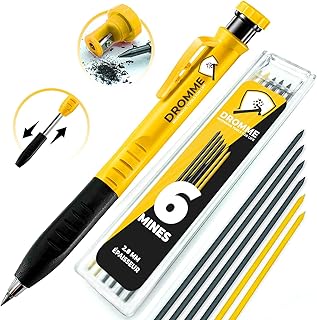 Dromme Crayon Chantier Menuisier Charpentier Professionnel [+ 7 Mines Multisupport + Taille-Mine + Grip ergonomique] Porte Mine Extensible - Outillage Parfait pour le Bricolage