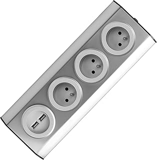 ORNO FS-3 Multiprise Electrique 3 compartiments avec sécurité enfants, montage en saillie à 45 °, idéal pour cuisine, bureau et plan de travail, 3680W 16A (3 fois sans câble + 2xUSB)