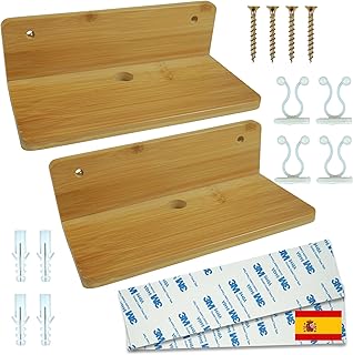 ️ 2 étagères murales sans trous en bois de bambou + 2 autocollants + 4 vis avec chevilles + 4 clips ramasse-câbles | Étagères murales sans perçage (22 cm)