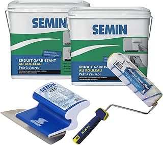 Semin A06288 Enduit Garnissant pour la Rénovation des Supports très Endommagés, Intérieur, Seau de 10 kg (Lot 2), A06723 Rouleau pour Enduire, 23 cm, A06318 Lame pour Lisser, 15 cm