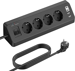 Multiprise 4 prises avec USB C, 4 ports USB, avec interrupteur, protection contre les surtensions avec câble de 3 m, pour cuisine, noir
