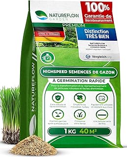Gazon Regarnissage Rapide 1kg (40m2) - Fabriqué en Allemagne - Résistant & Autoréparation Naturelle - Pelouse Regarnissage - pelouse a semer - Semence Gazon Croissance Rapide