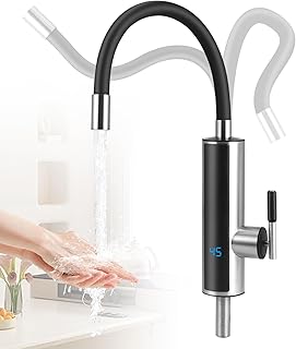 Robinet Chauffant, 3000W Chauffe-eau Instantané Electrique, Inoxydable Robinet Électriques de Cuisine avec Affichage de la Température LED et Tuyau en Silicone Rotatif à 360°, Max. 60℃