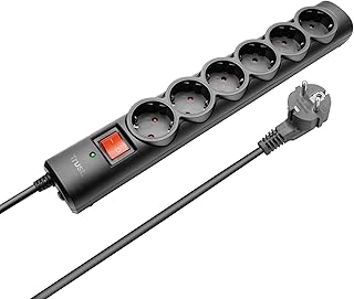 Trust Multiprise Electrique 6 Prises, Prise Multiple 180 cm, Multiprise Parafoudre avec Protection Contre Les Surtensions et Interrupteur, Fiche Type F, Rallonge Electrique pour Bureau, Maison – Noir