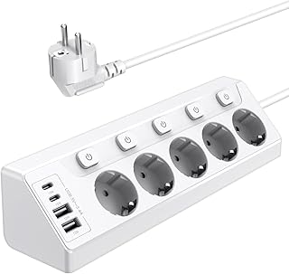 Prise Plan de Travail Cuisine, Multiprises avec 2 Ports USB A et 2 Ports USB C, Multiprise 5 Prises avec Interrupteur, Rallonge Électrique 2m pour Meuble, Canapé, Bureau, Table